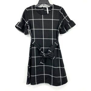 NY Collection Dress Gray Windowpane Tie Waist Ruffle